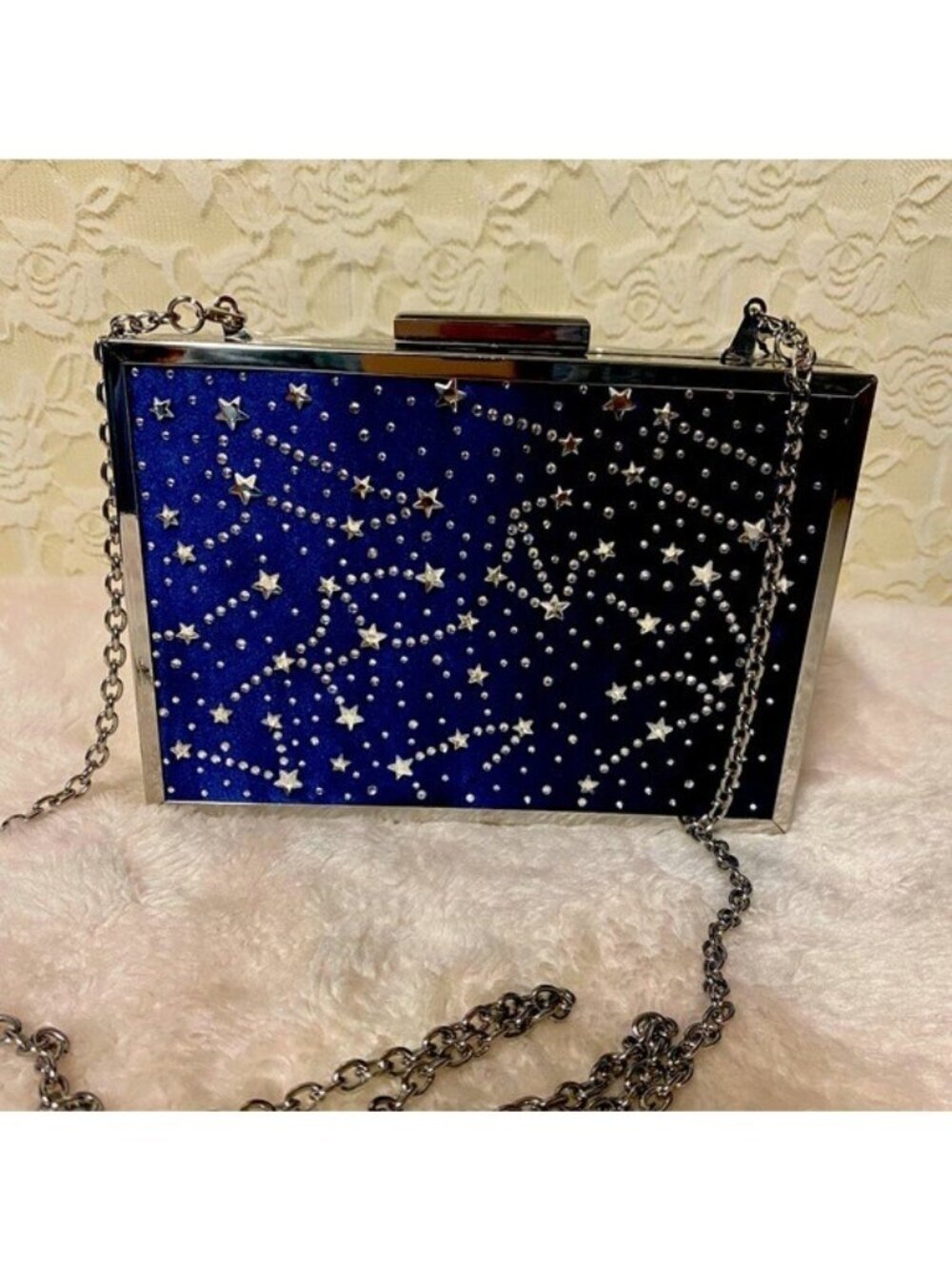 INC International Concepts Nadia Celestial Sparkle Clutch Glam Silver Navy